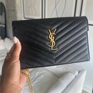 YSL Monogram Large Wallet on Chain in Grained Leather